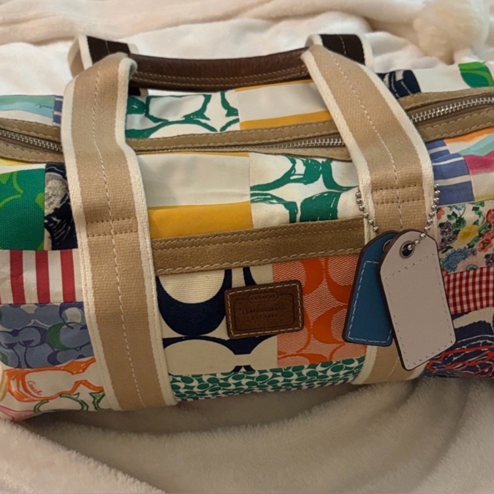 Coach Multicolor Patchwork Canvas Travel Duffle with Beige Straps